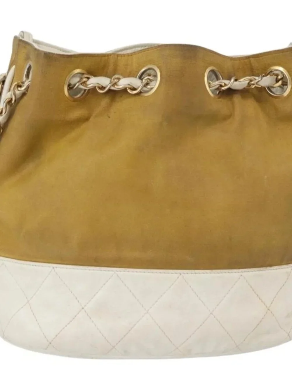 CHANEL Matelasse Drawstring Chain Shoulder Bag Leather Beige Gold CC Auth BAZ157